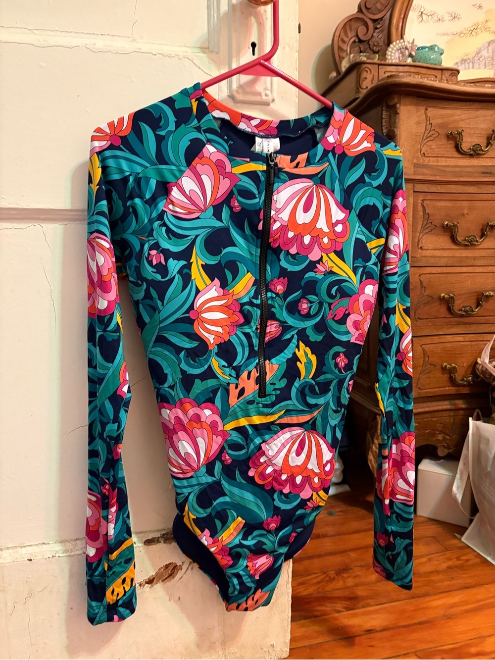 Trina Turk Girls' Floral Long-Sleeve One-Piece Swimsuit - Teal, Pink & Yellow